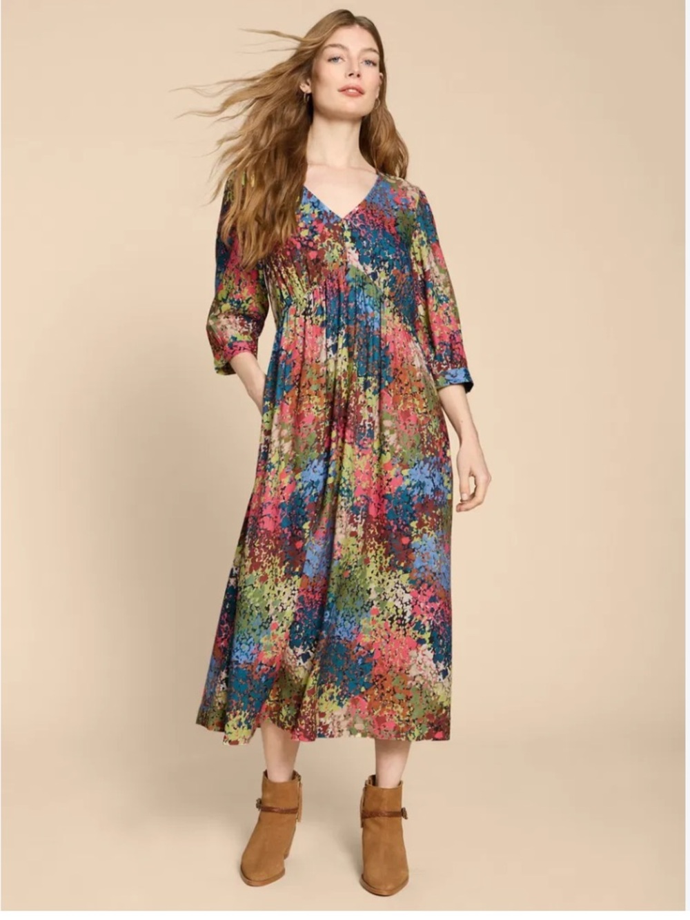 Multicolor Floral V-Neck Pleated Midi Dress